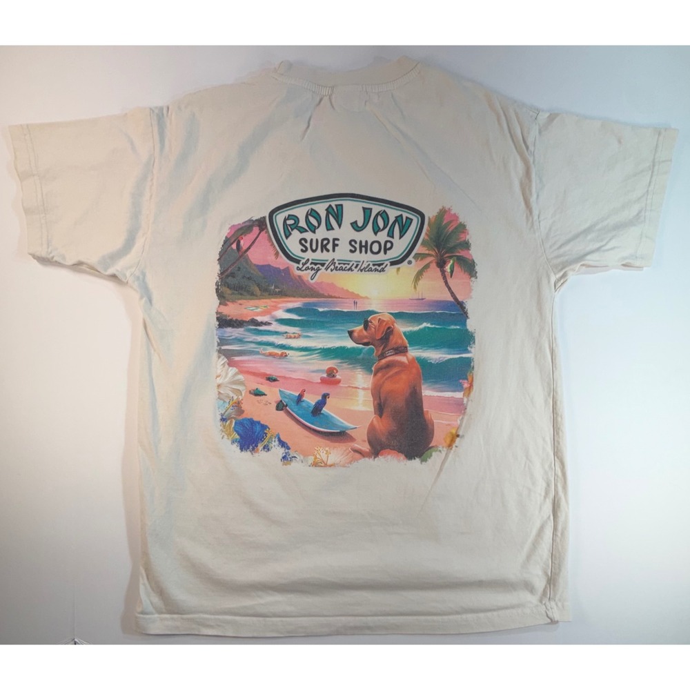 Ron Jon Surf Shop Long Beach Island Graphic T-Shirt Mens Medium Cream LBI